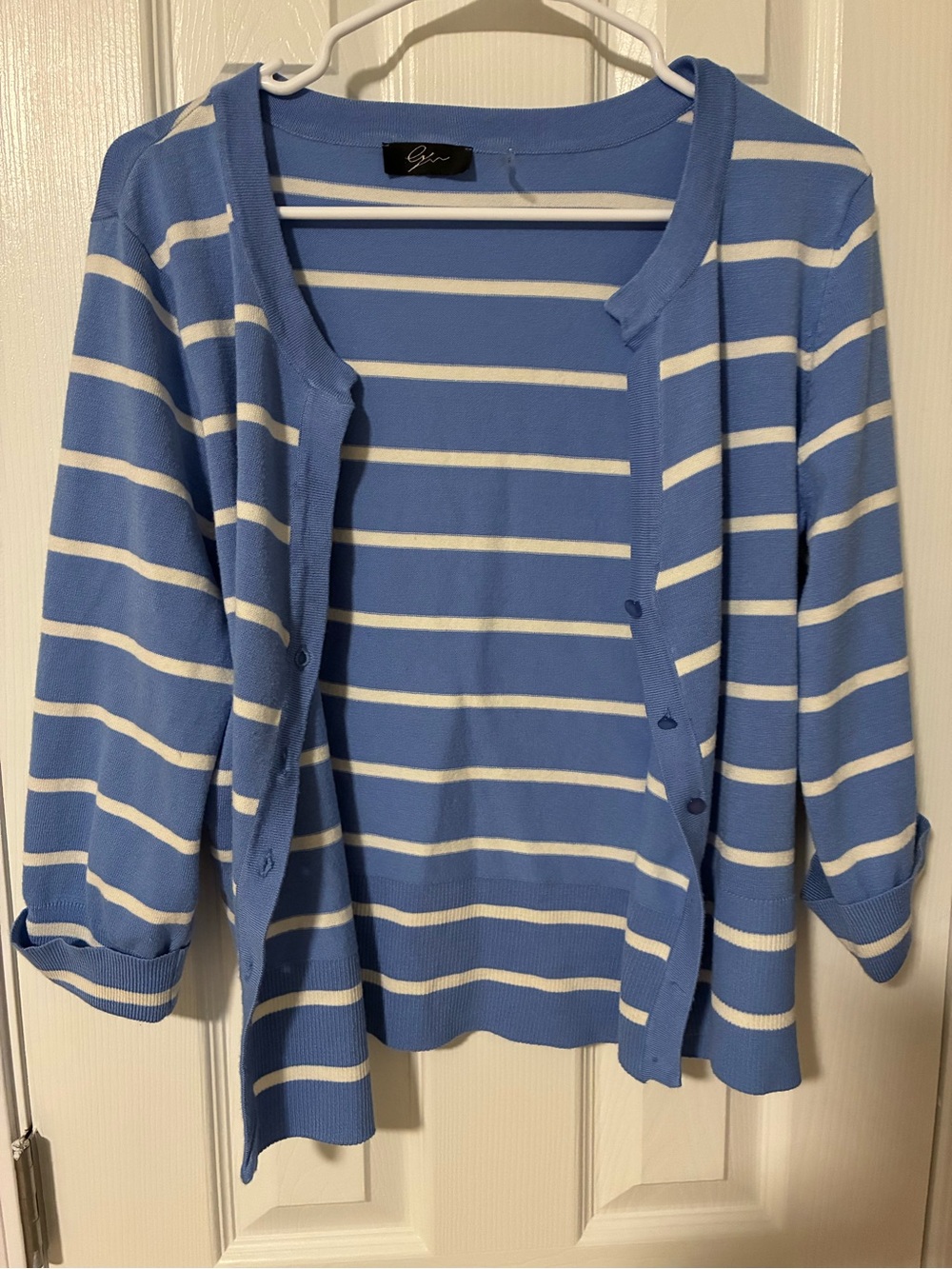 Light Blue & White Striped Women's Cardigan Sweater